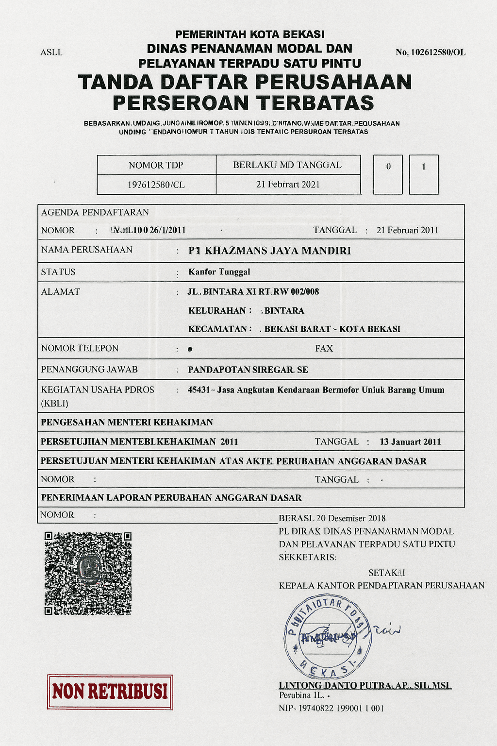 Tanda Daftar Perusahaan PT KJM